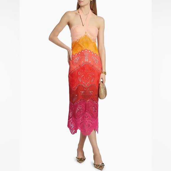 Farm Rio Summer Gradient Richelieu Ombre Midi Dress Orange Size S Small - Picture 2 of 7